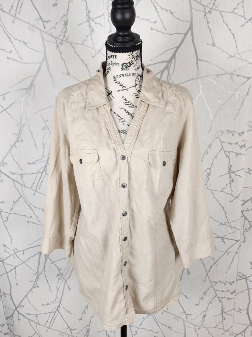 Sonoma Beige Linen Cotton Button Front V-Neck Western Blouse